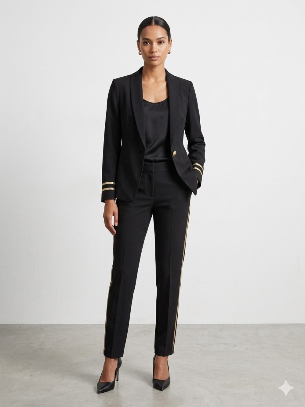 Simons Black Women's Tailored Pantsuit with Gold Trim